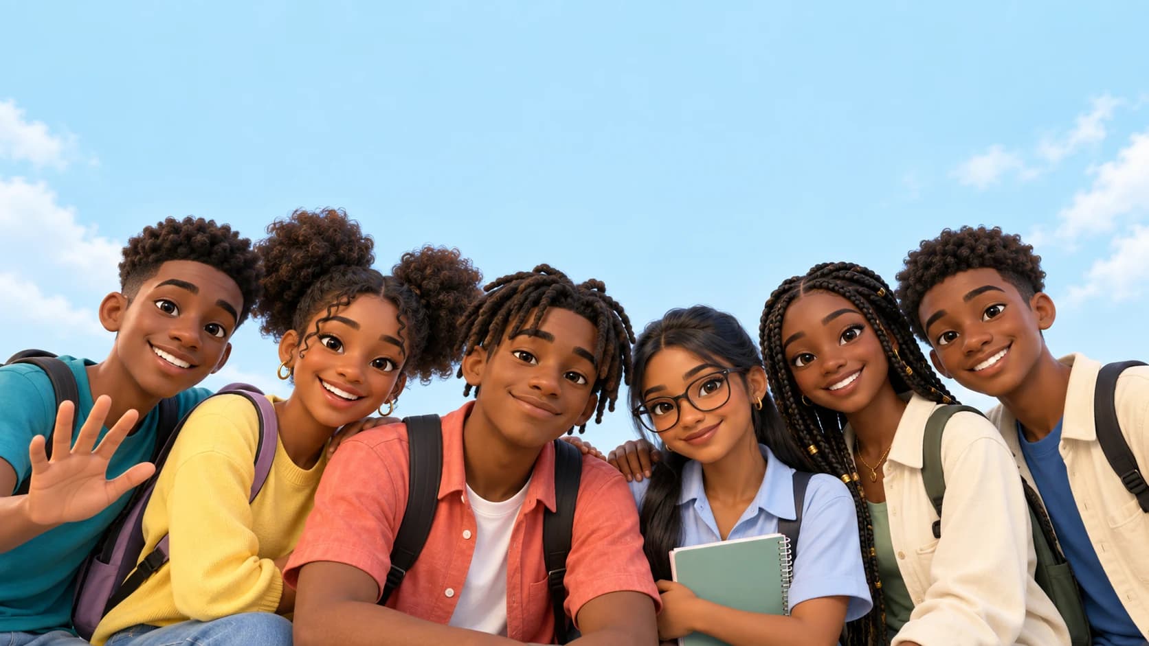A cheerful group of Caribbean teenage students with curls, braids and locs, ready to learn together.