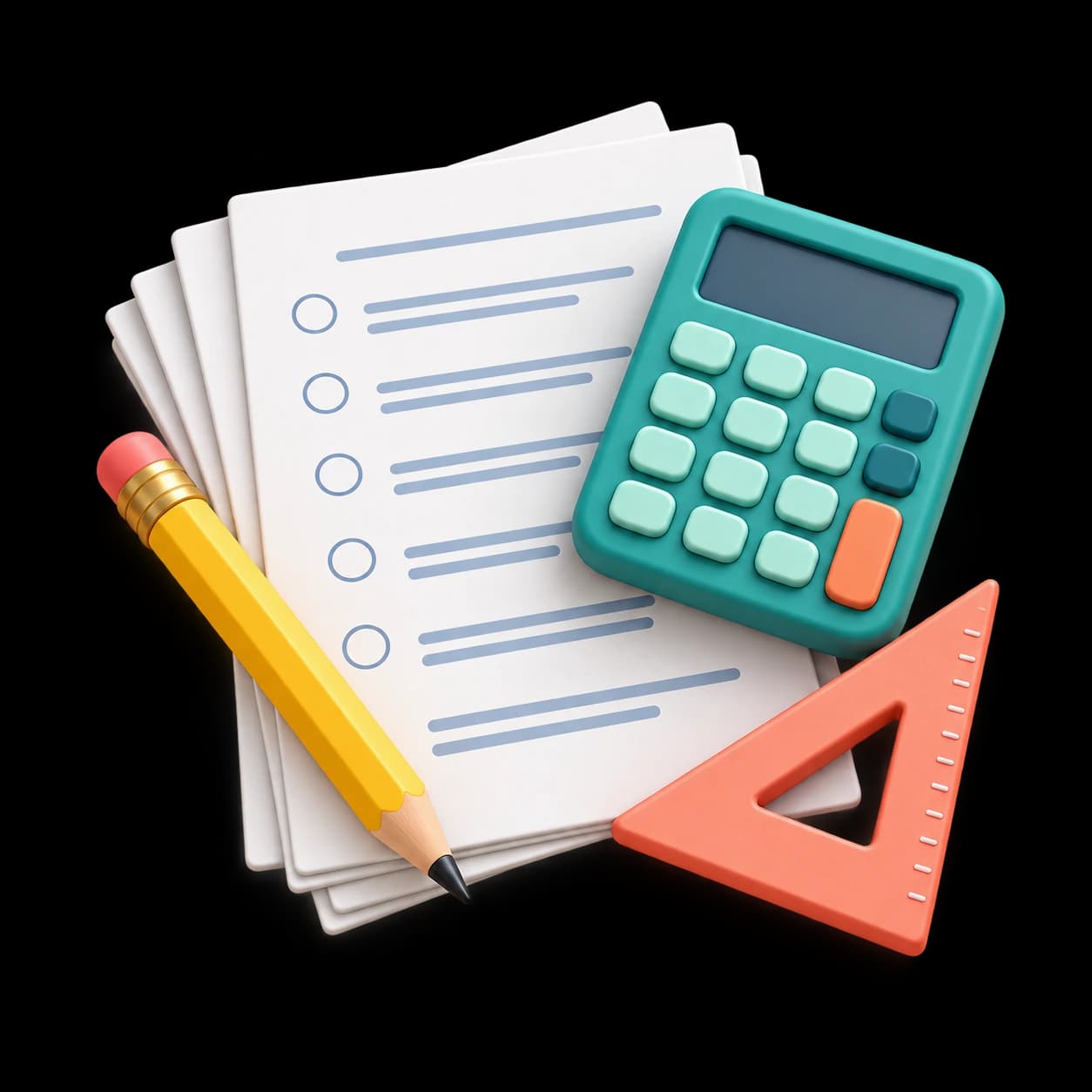 Playful 3D past papers, a pencil and a calculator.