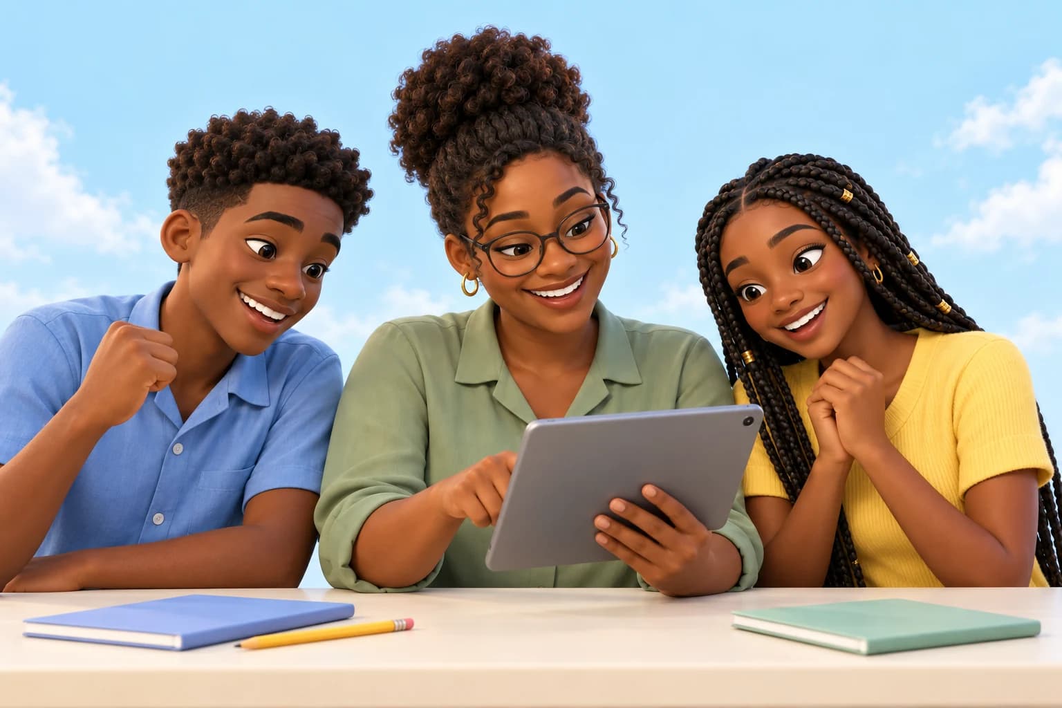 A Caribbean teacher and two teenage students sharing a happy learning moment over a tablet.